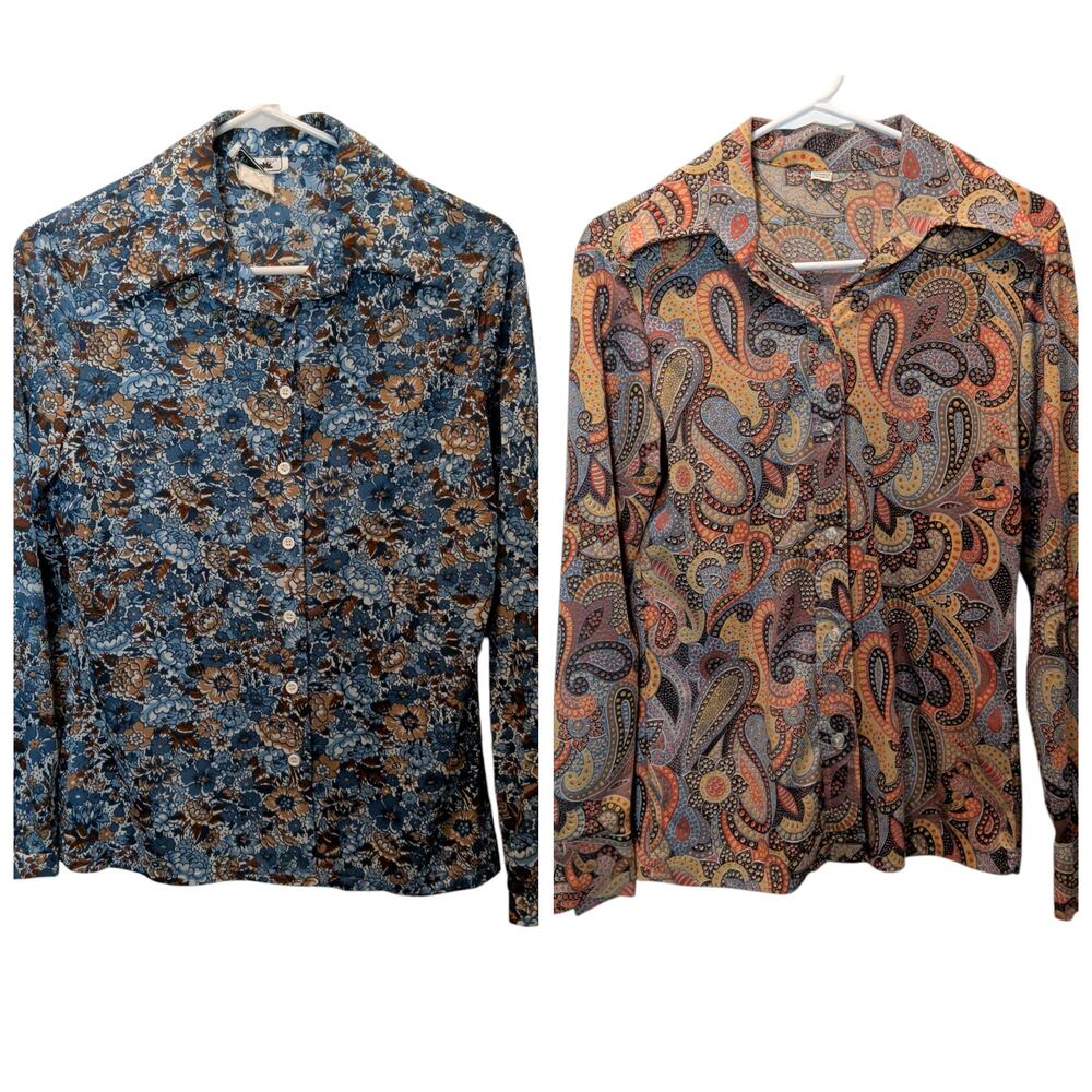 Set of 2 Vintage 70s Women's Dagger Collar Button Up Shirts Disco Paisley Floral